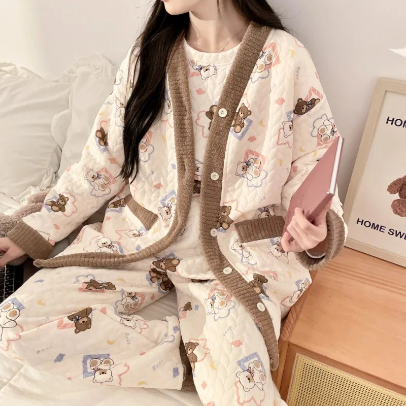 Autumn Winter Fashion Maternity Pajamas Cotton Jacket Pants And Breast Feeding Three Pieces