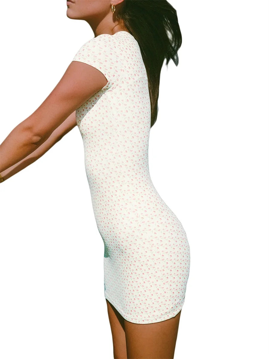 Women Bodycon Dress Short Sleeve Crew Neck Floral Print