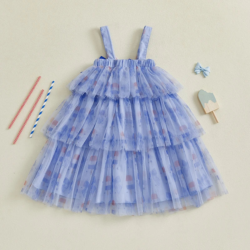 Toddler Girl Independence Day Patriotic Stars and Stripes Sleeveless Tulle Dress