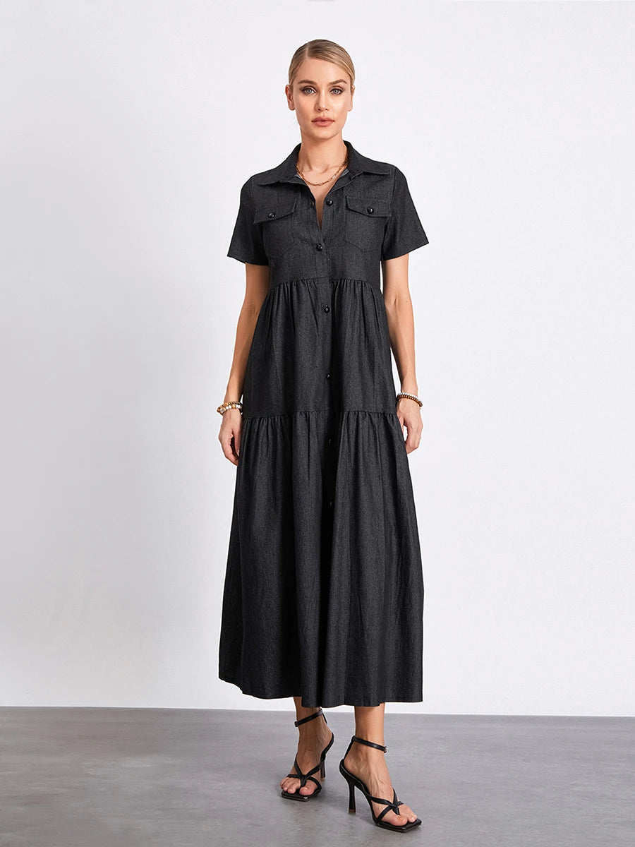 Women s Plus Size Denim Dress Short Sleeve Turn Down Collar