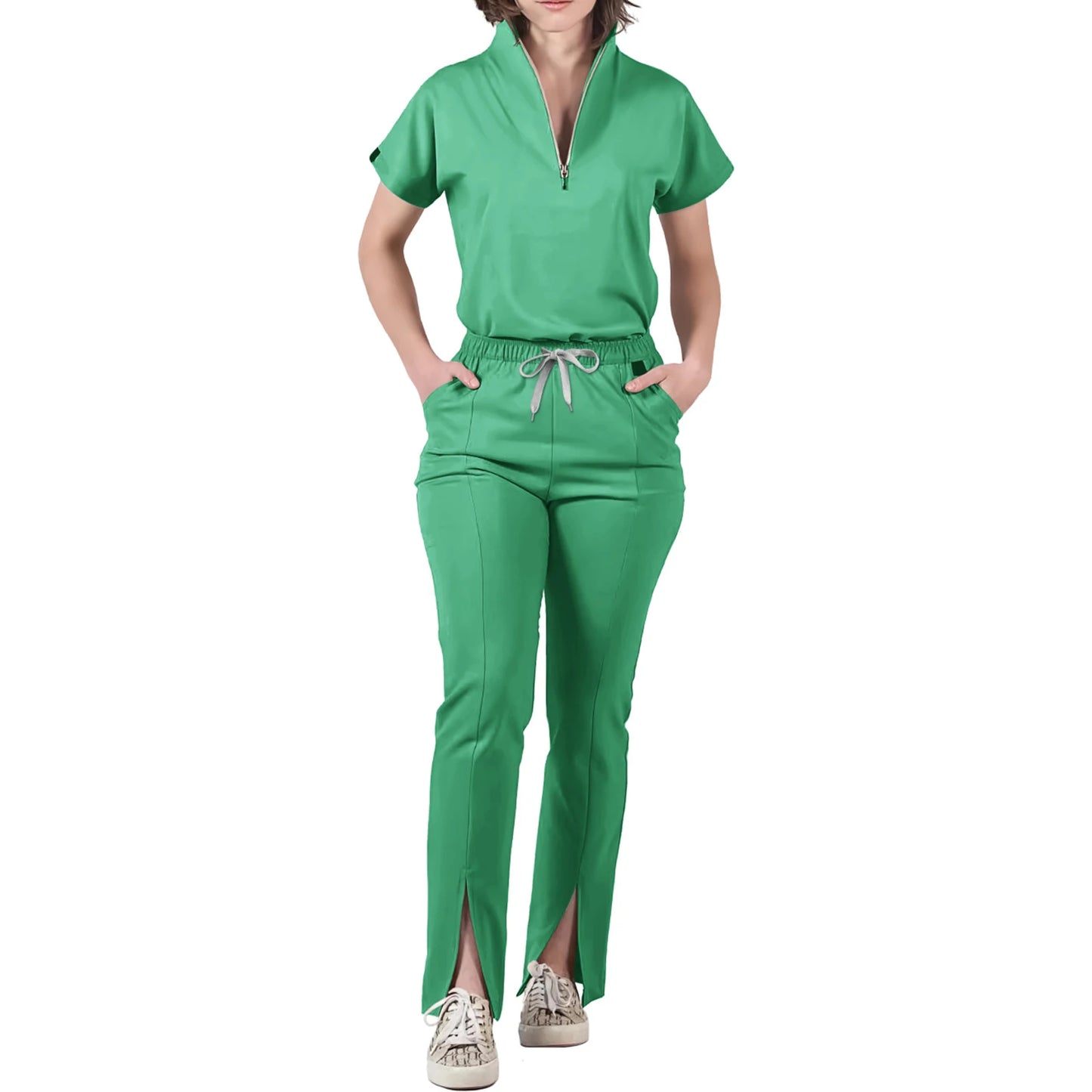 Women's Nurse Scrub Set V-Neck Half Zipper Short Sleeve Multi-Color Split Hem Pants Multi-Pocket