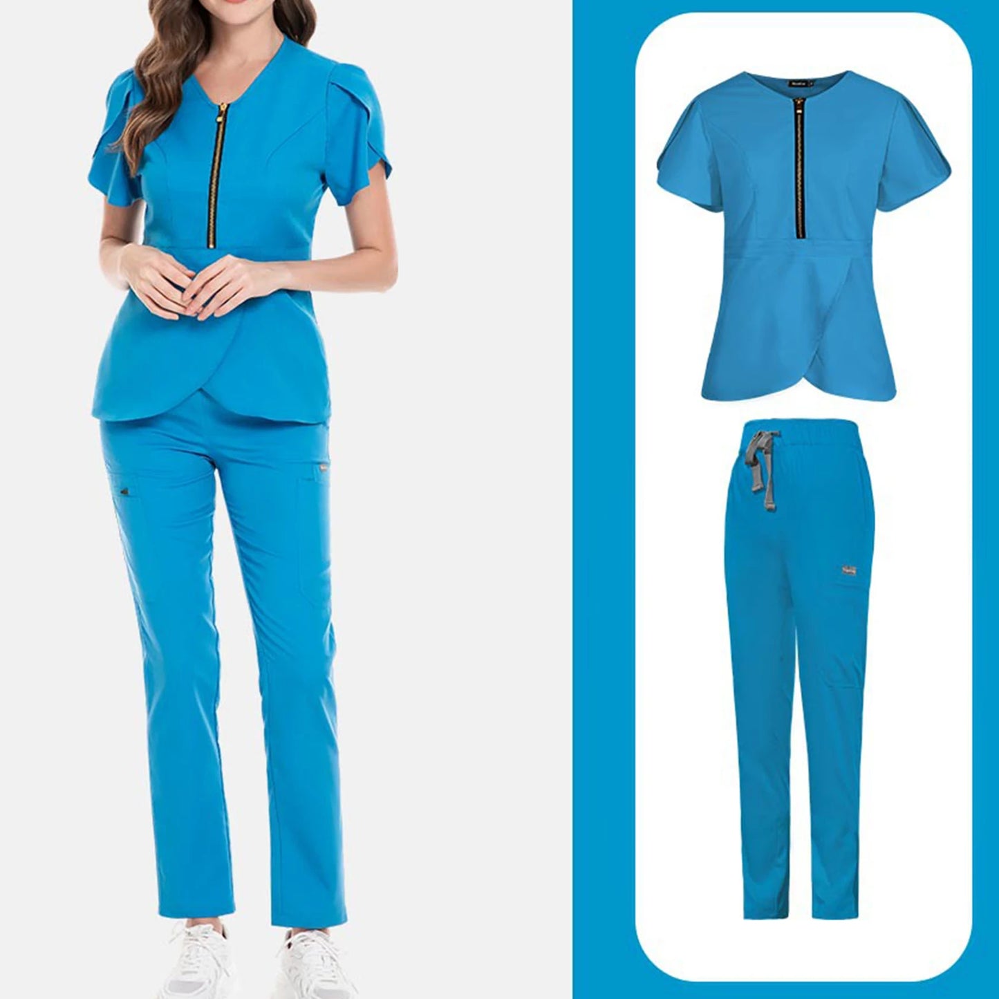 Women's Nurse Scrub Set V-Neck Short Sleeve Zipper Ruffle Sleeve Multi-Color Long Pants