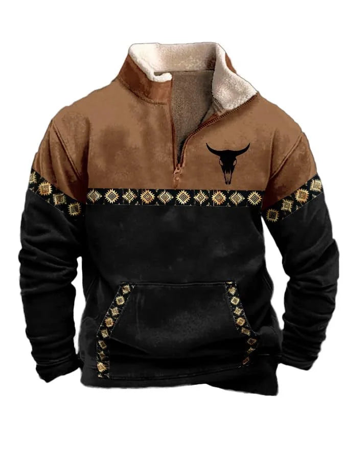 Men'S Vintage Western Hoodie with Aztec Cowboy Design - Beige & Gray Zip-Up Pullover