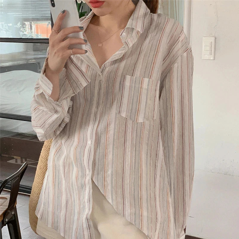 MEXZT Vintage Striped Shirts Women Korean Fashion Simple Long Sleeve