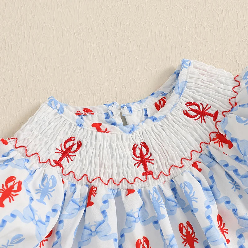 Cute Baby Girls Dress with Crab Print Round Neck and Short Sleeves Adorable Casual Dress