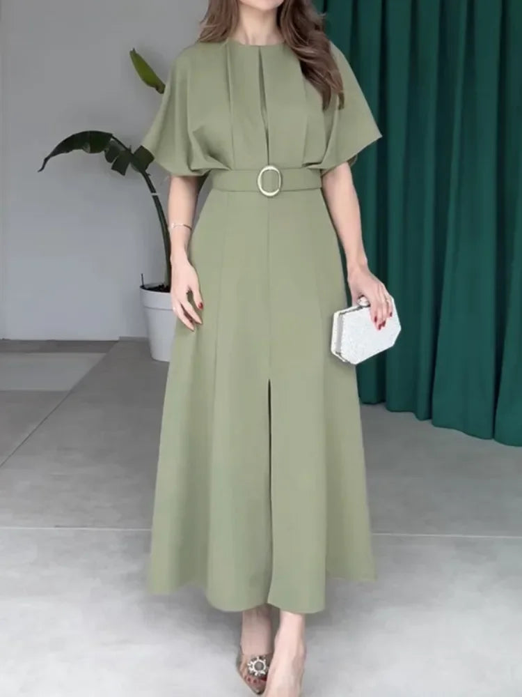2025 Woman Summer Dress Elegant Office Dresses 2025 New Short Sleeve with Belt Pleated