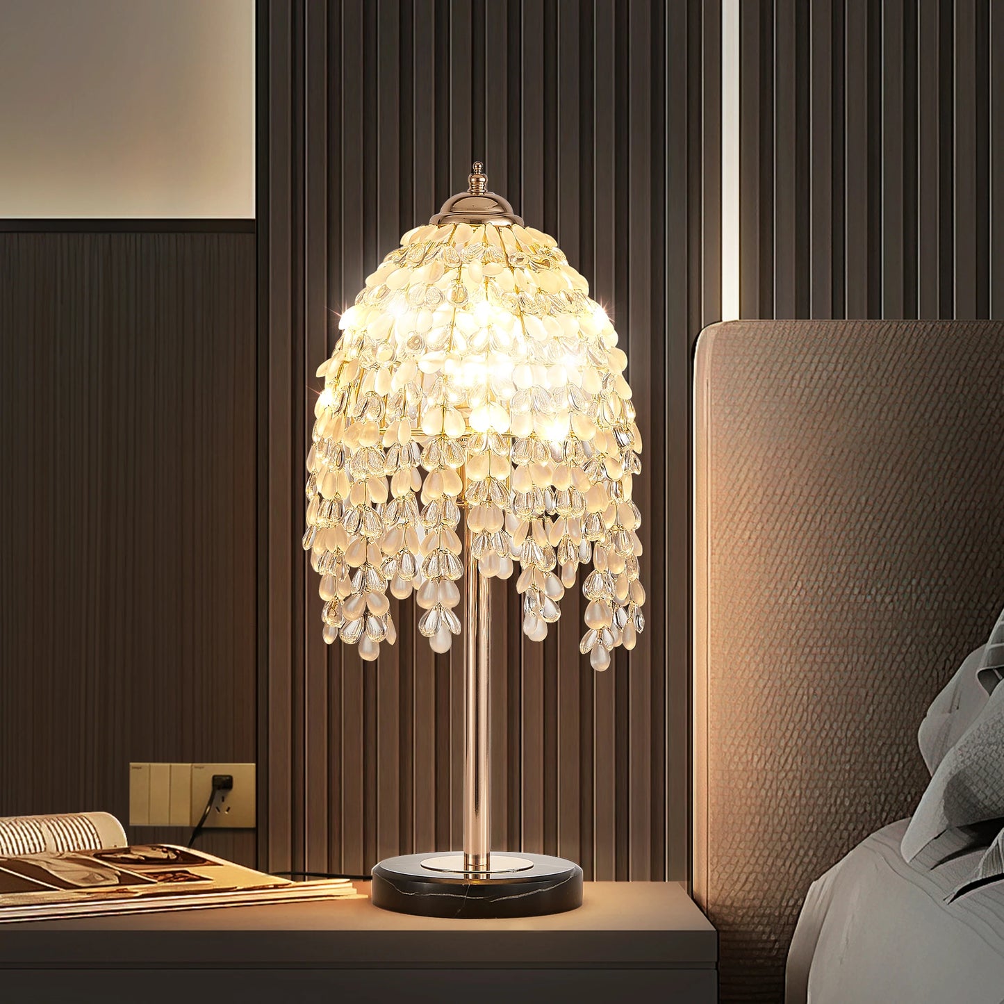 Elegant Crystal Table Lamp With Waterfall Bead String Shades