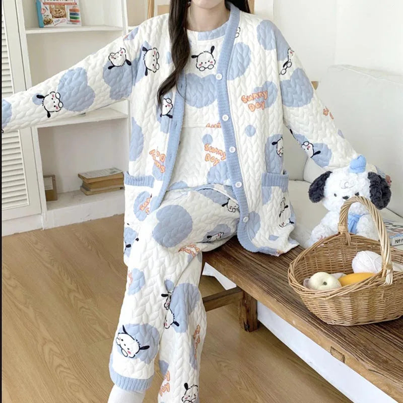 Autumn Winter Fashion Maternity Pajamas Cotton Jacket Pants And Breast Feeding Three Pieces