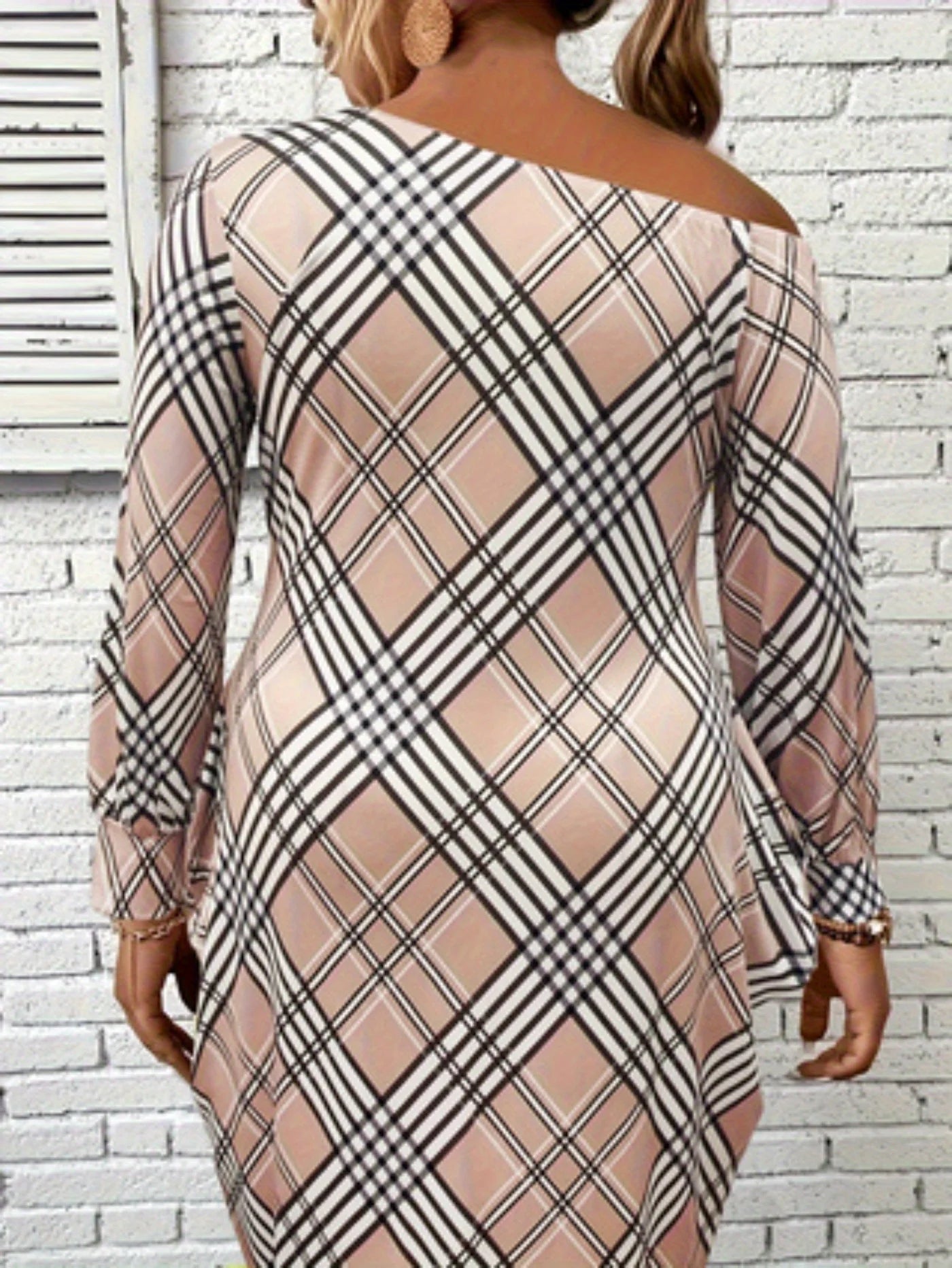 Large-size Striped Print Draped Shoulder Dress