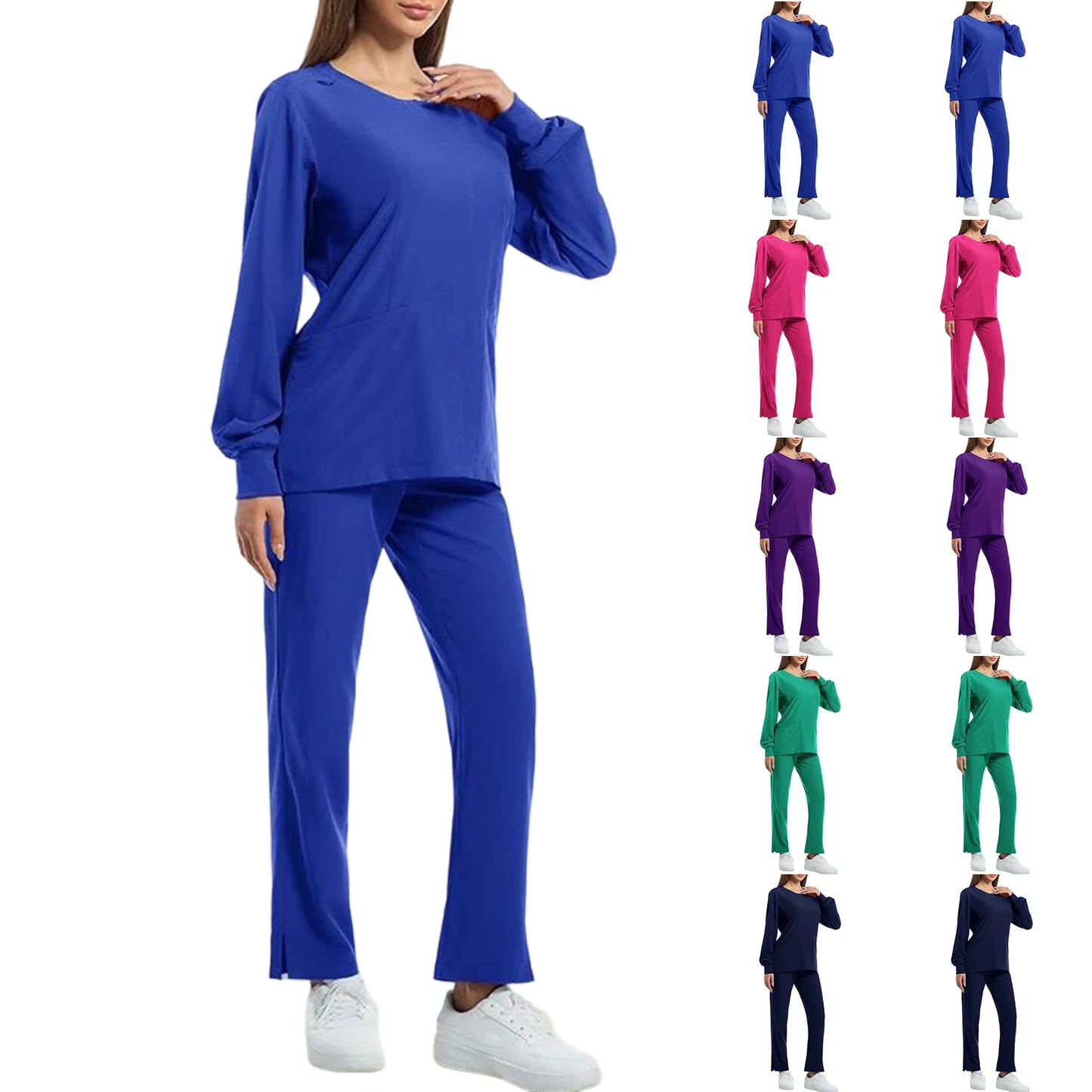 Women's Nurse Scrub Set Round Neck Long Sleeve Multi-Color Split Hem Pants Multi-Pocket