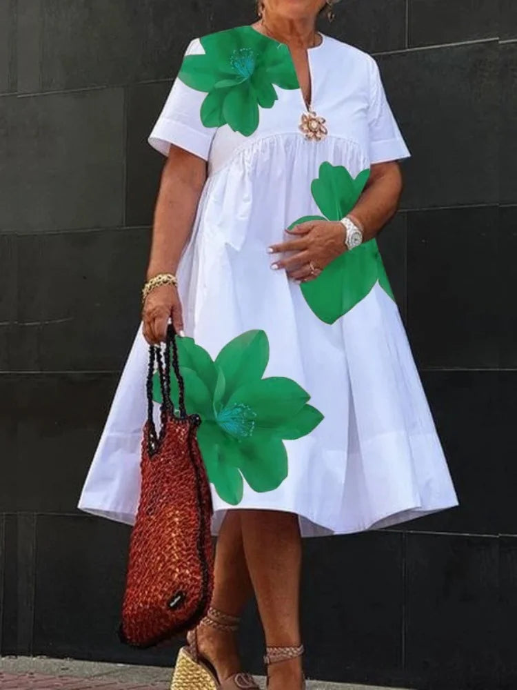 Women Midi Shirts Dress Summer New Dress 2025 V-Neck Pleated Short Sleeves