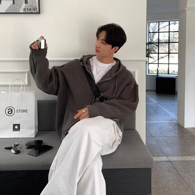 Men's Korean Light Luxury Knit Hooded Cardigan Sweater Casual