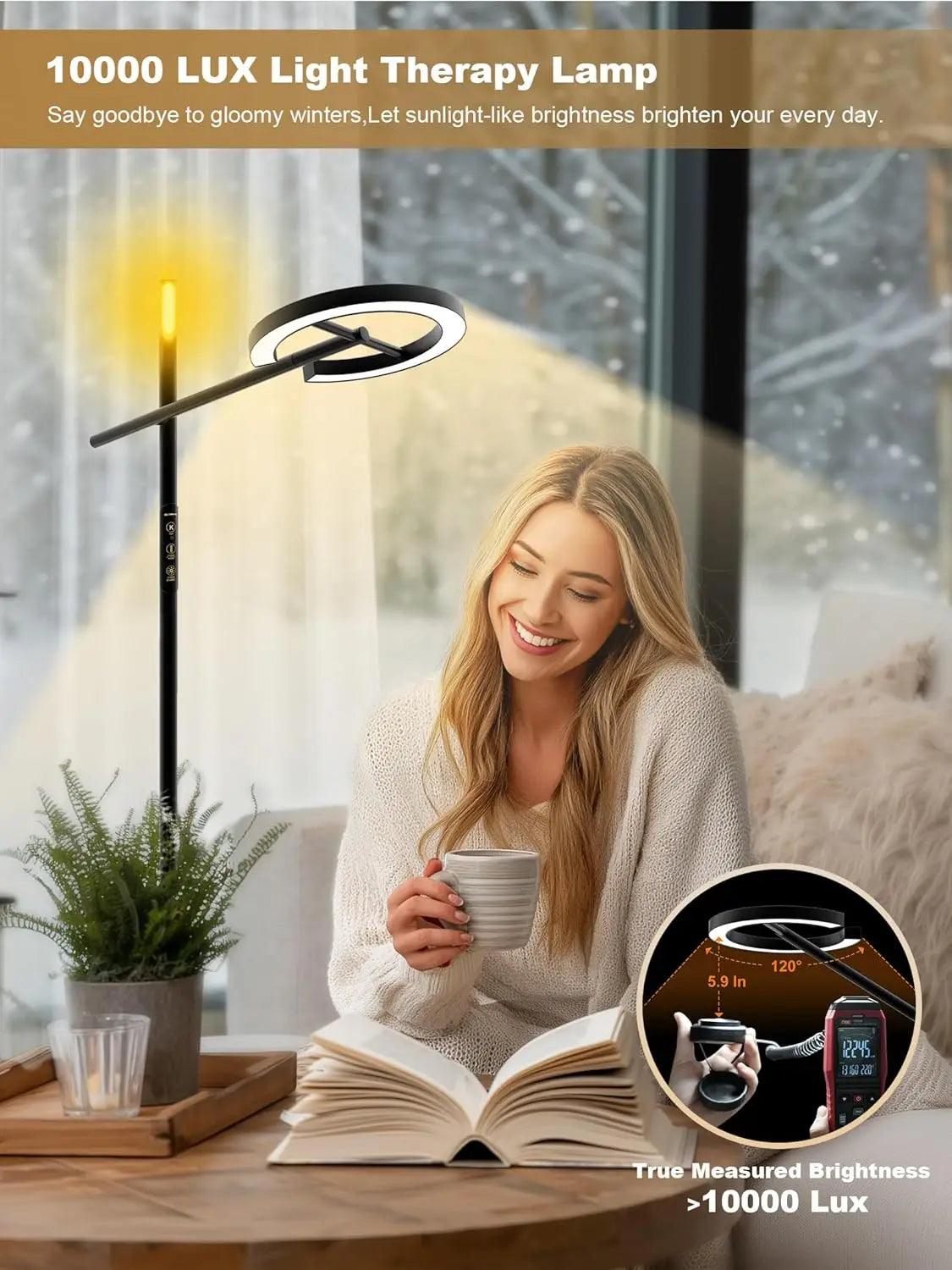 Smart Light Therapy Lamp 10000 Lux UV-Free Dimmable Floor Lamp