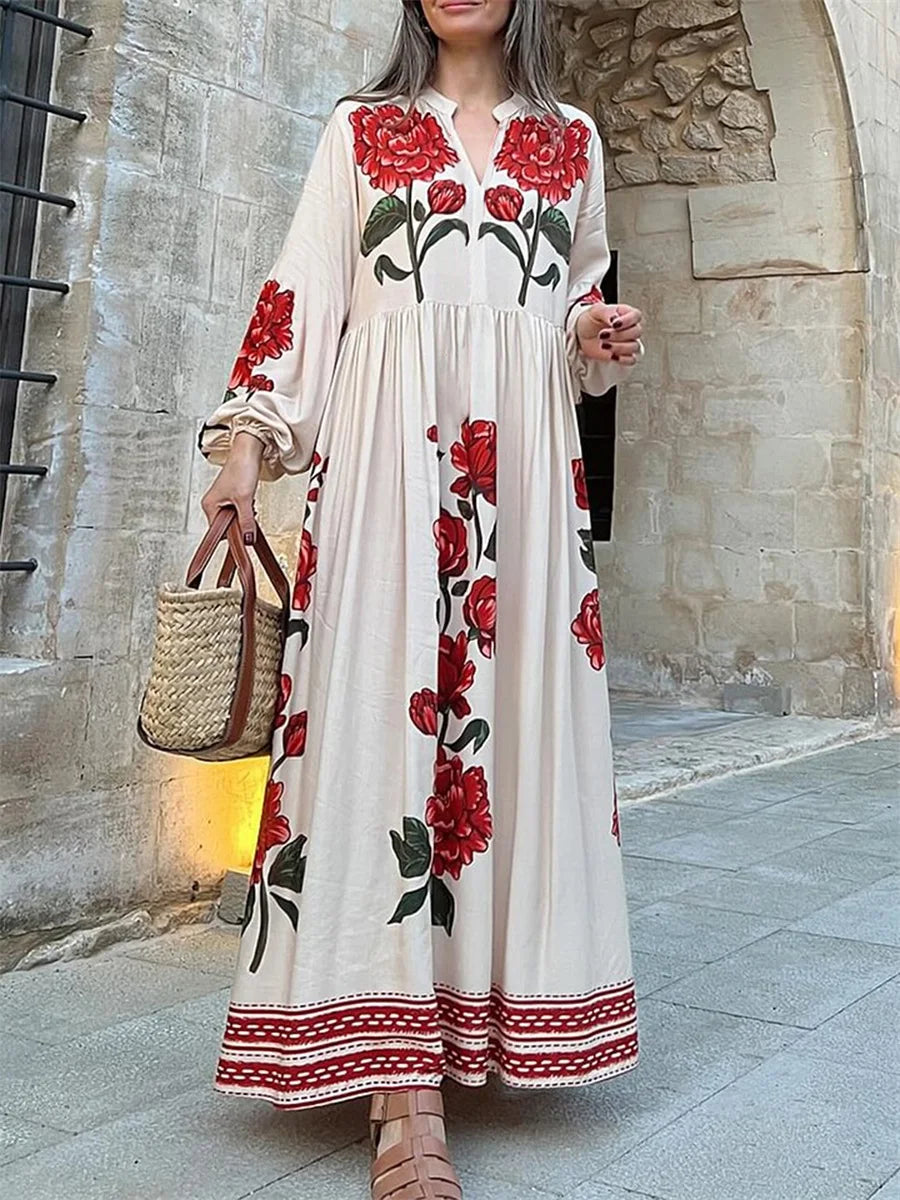 Women s Elegant Floral Print V-Neck Long Sleeve Maxi Dress for Casual Fall Style