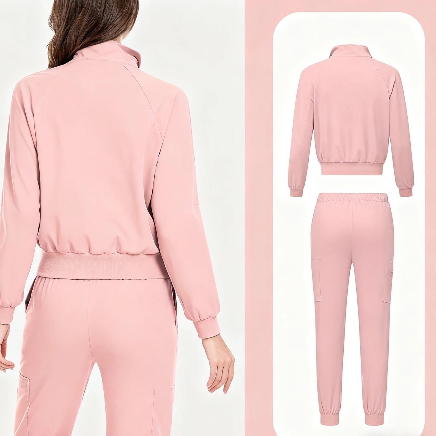 Scrub Set Stand Collar Zipper Long Sleeve Multi Pocket Professional