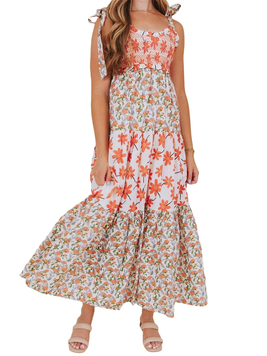 Women s Boho Maxi Dress with Ruffle Hem and Adjustable Spaghetti Straps