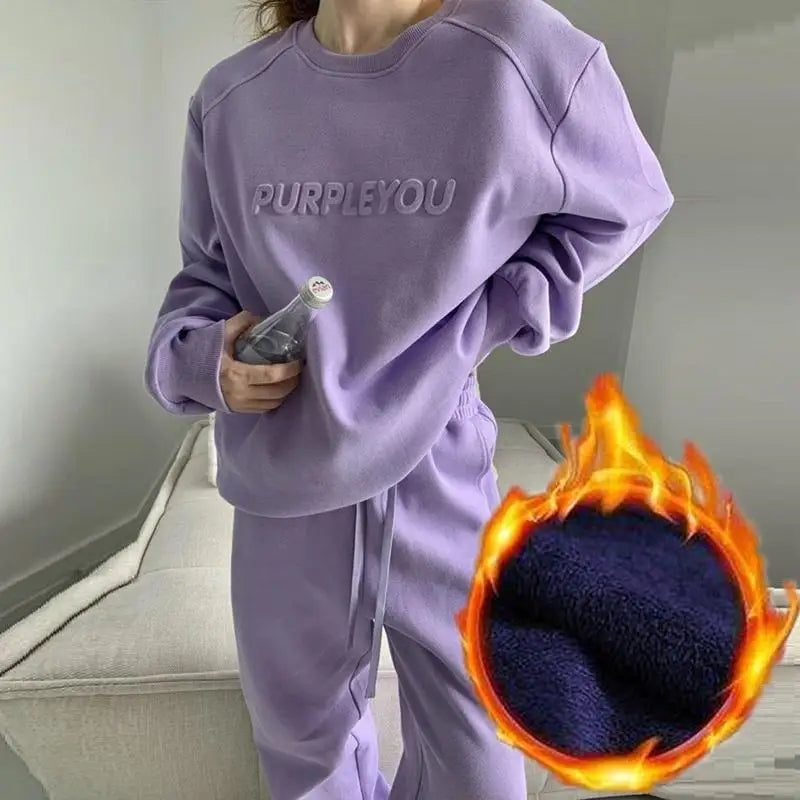 Women Fleece Tracksuit Sets Winter Long Sleeve Sweatshirts Jogger Pant