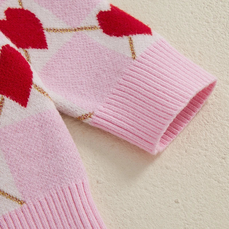 Girls Heart Patterned Knit Sweater with Long Sleeves and O Neckline -