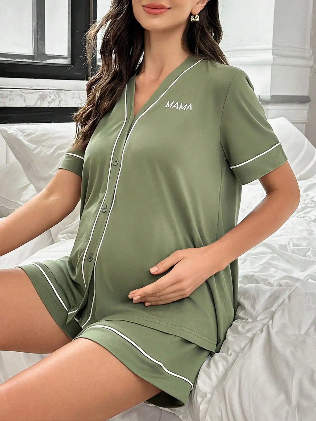 Olive Green Maternity Pajama Set with White Trim and Embroidered Text
