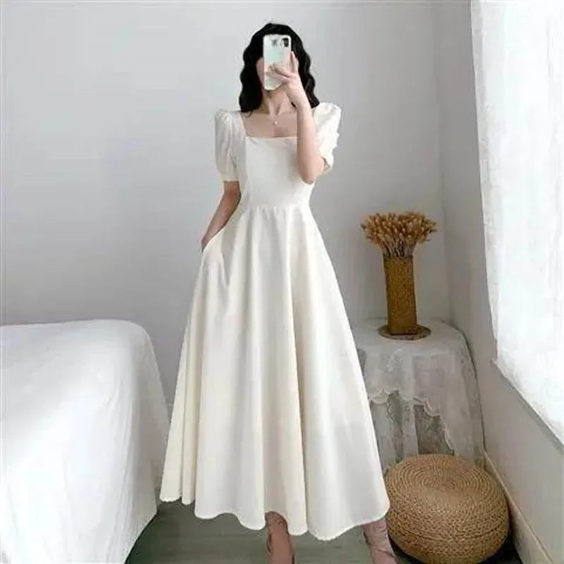 White Dress Bubble Sleeve Square Neck Light Wind Style Long Skirt Korean Style