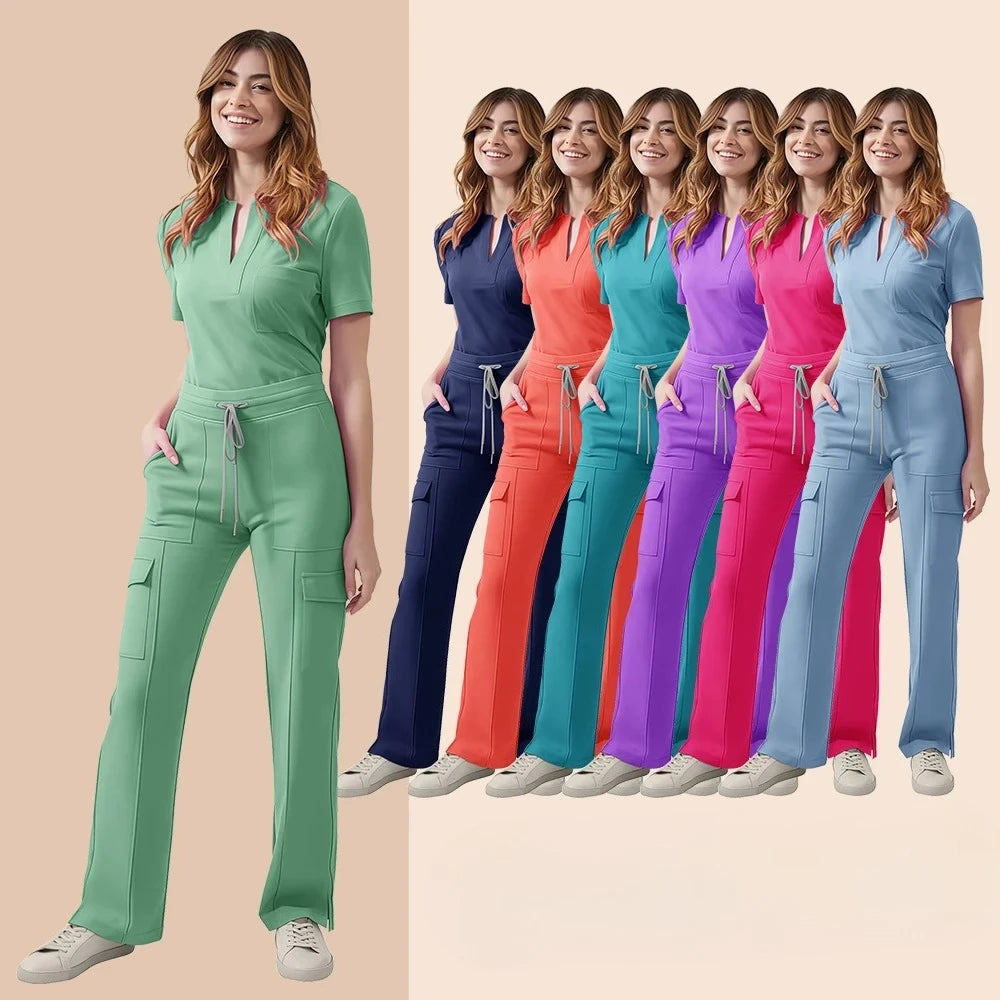 Medical Scrubs Uniform Women Nurse Scrub Set Pocket Top+Pants 2 Piece Suit