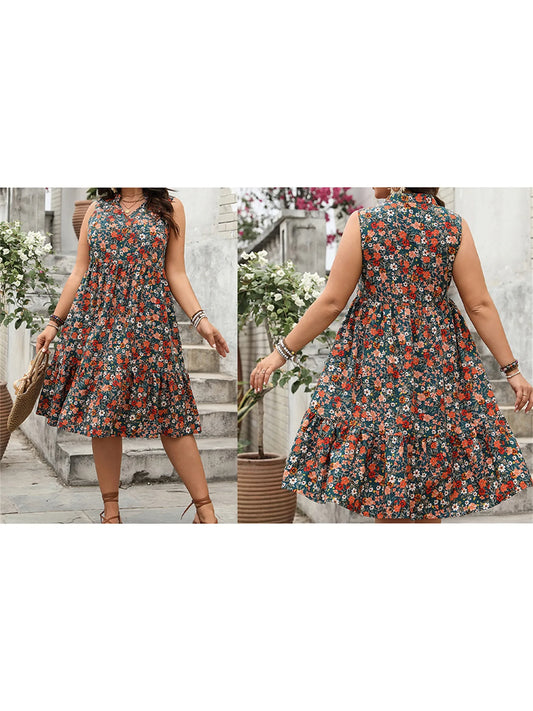 Women Plus Size Dress Geometric Print Round Neck Sleeveless Casual Dress