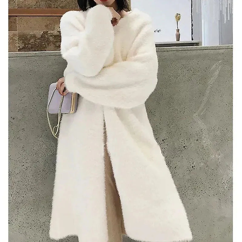Fluffy Knitted Long Sleeve Cashmere Cardigan For Women Winter