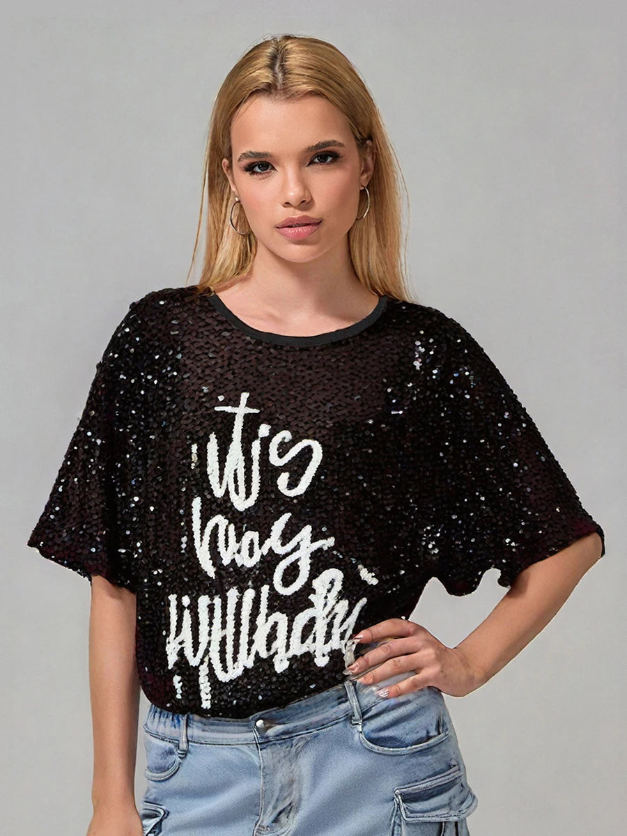 Sequin Embellished Short Sleeve Tunic Dress with Round Neckline