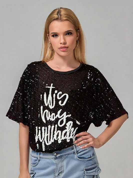 Sequin Embellished Short Sleeve Tunic Dress with Round Neckline