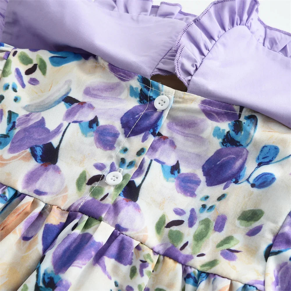 Girls Casual Dresses Purple Flower Print Lace Lapel Puff Sleeves