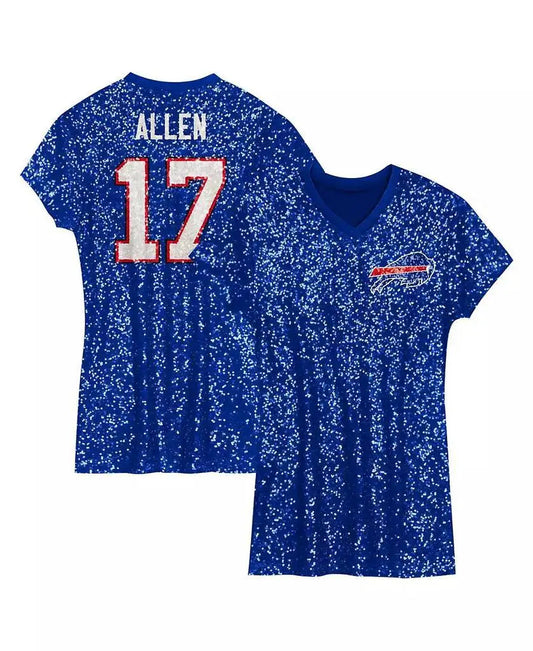 Outerstuff | Big Girls Josh Allen Royal Buffalo Bills Sequin Player Name Number V-Neck Dress