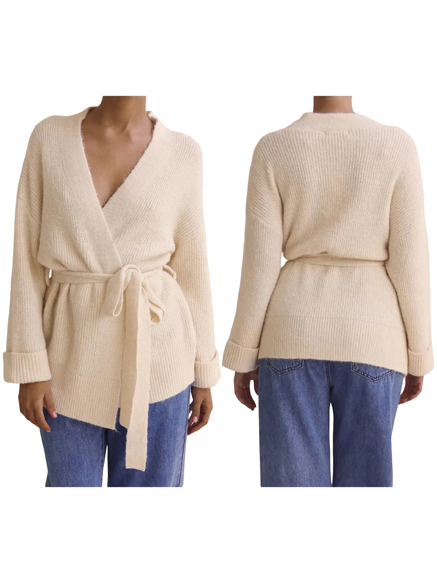 Women Open Front Belted Cardigan Long Sleeve V Neck Sweater
