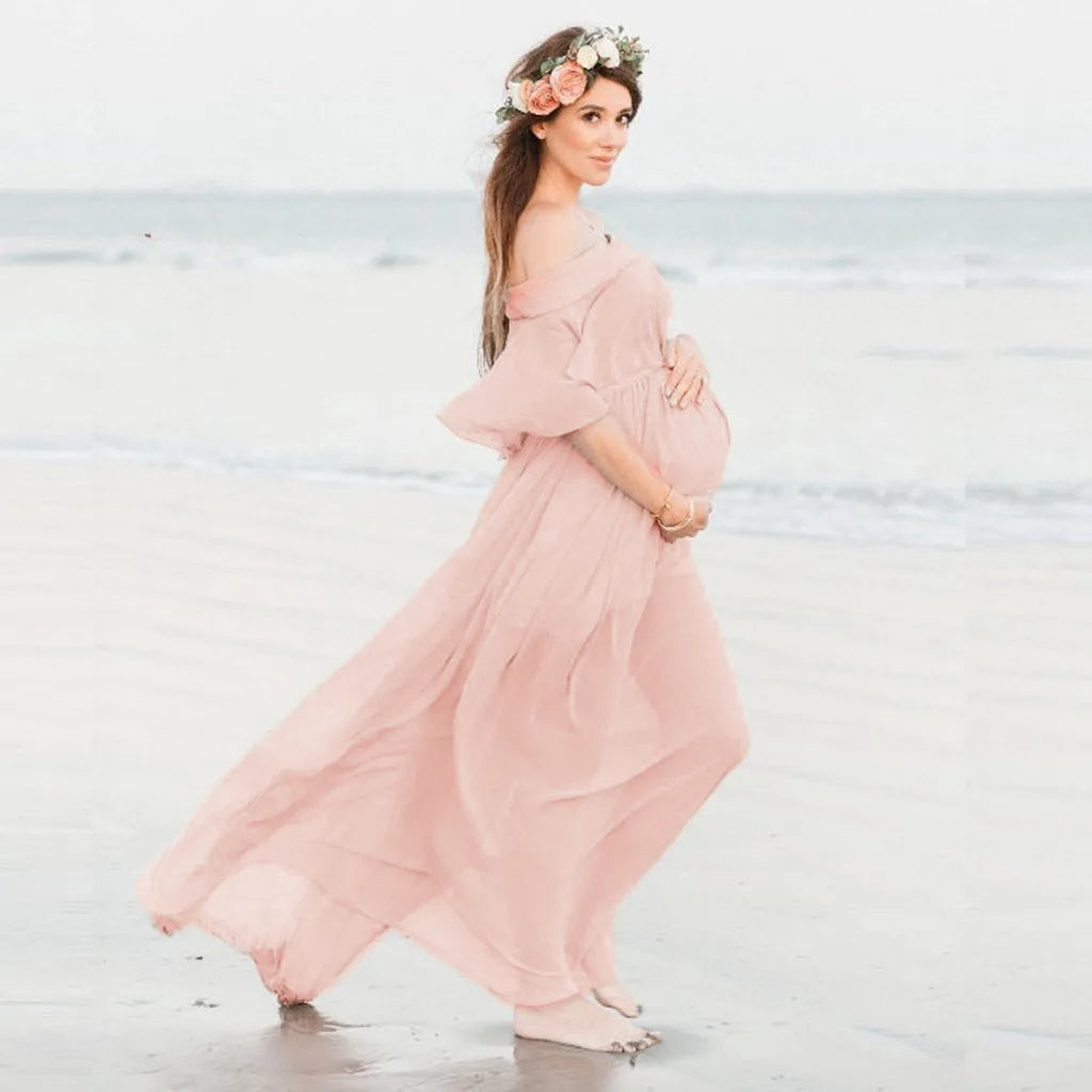 Maternity Dress Women Solid Color Short Sleeve Ruffles Maternities Party  Outfits