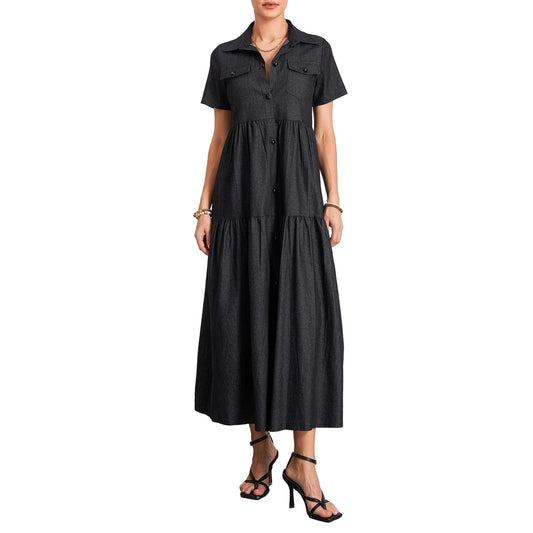 Women s Plus Size Denim Dress Short Sleeve Turn Down Collar