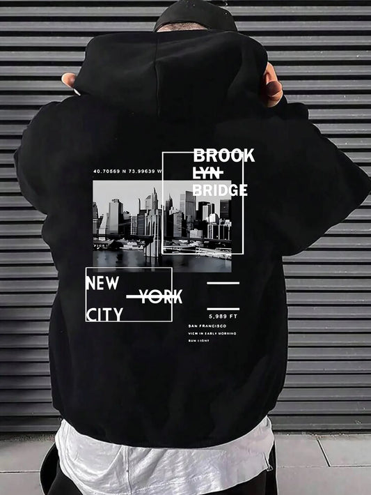 Brooklyn Bridge fashion print, men's casual comfortable hooded sweater, trendy long-sleeved