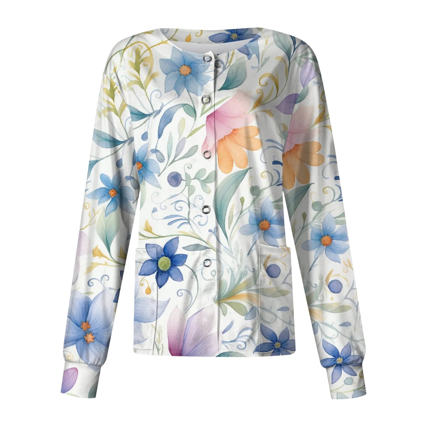 Casual Long Sleeve Nursing Work Clothes Single Breasted Floral Print Cardigan Top Jacket