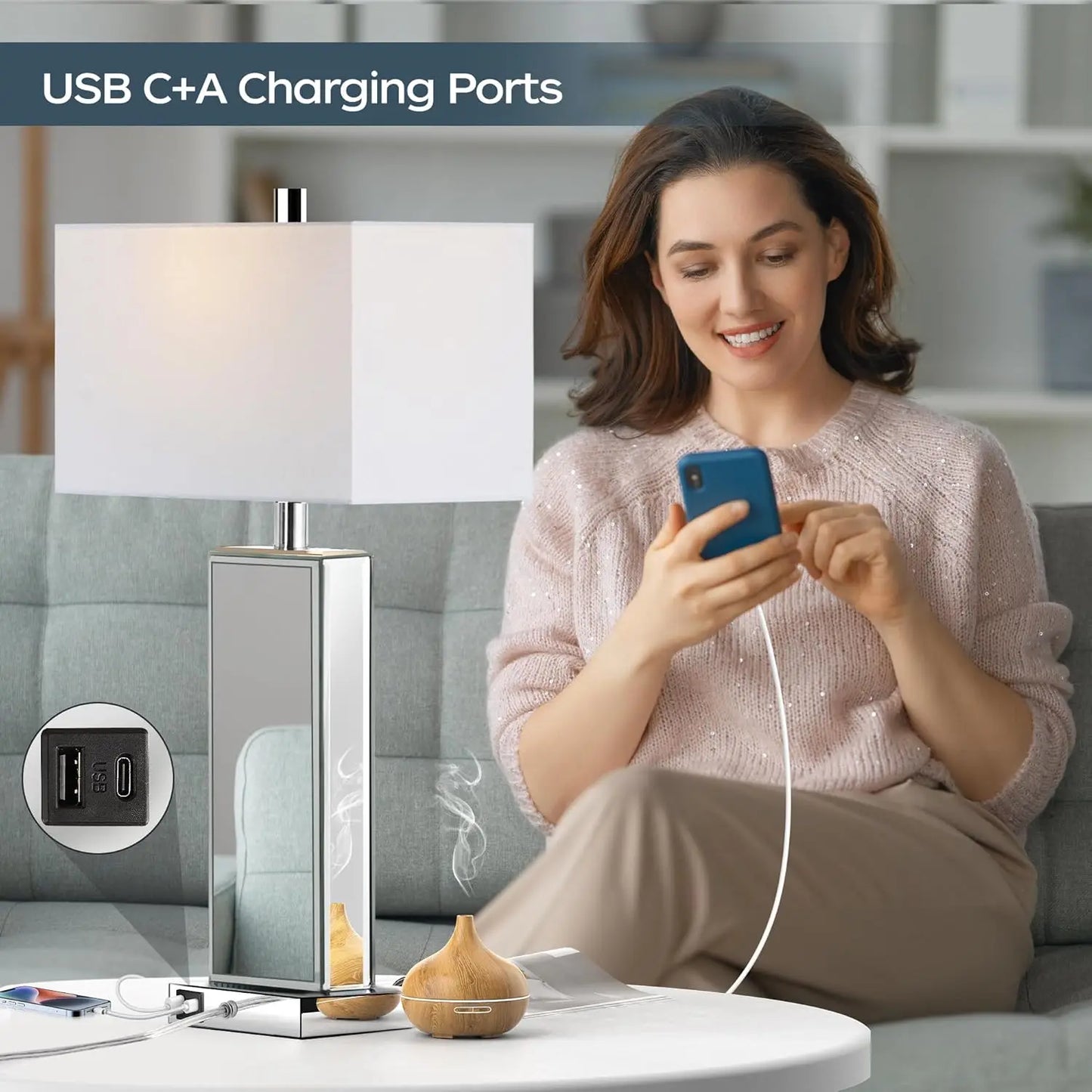 Touch Control Table Lamp With USB C And USB A Ports Three Way Dimmable