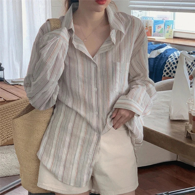 MEXZT Vintage Striped Shirts Women Korean Fashion Simple Long Sleeve