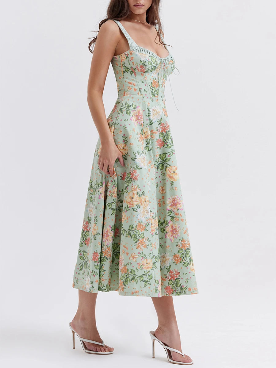 Women Summer Casual Midi Dress Floral Print Low-Cut Sleeveless