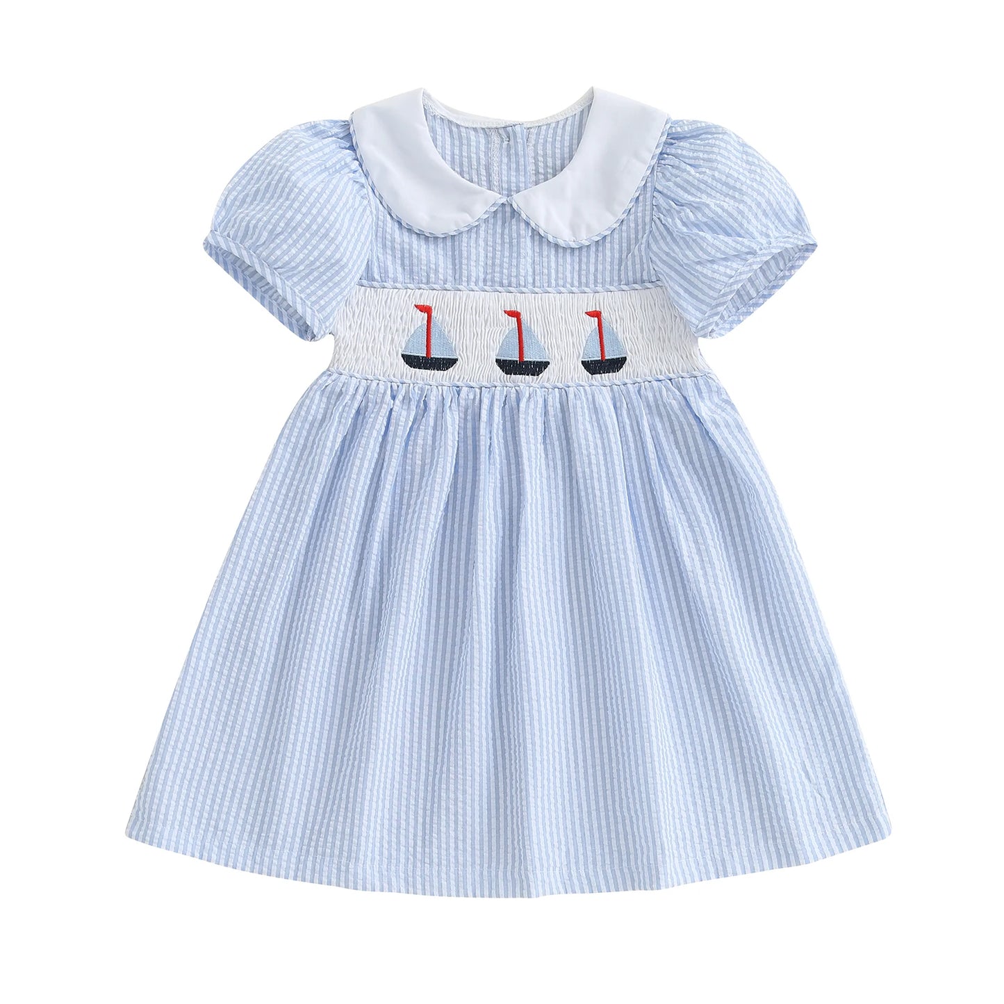 Child Girl Summer Striped A-Line Dress with Doll Collar Short Sleeves