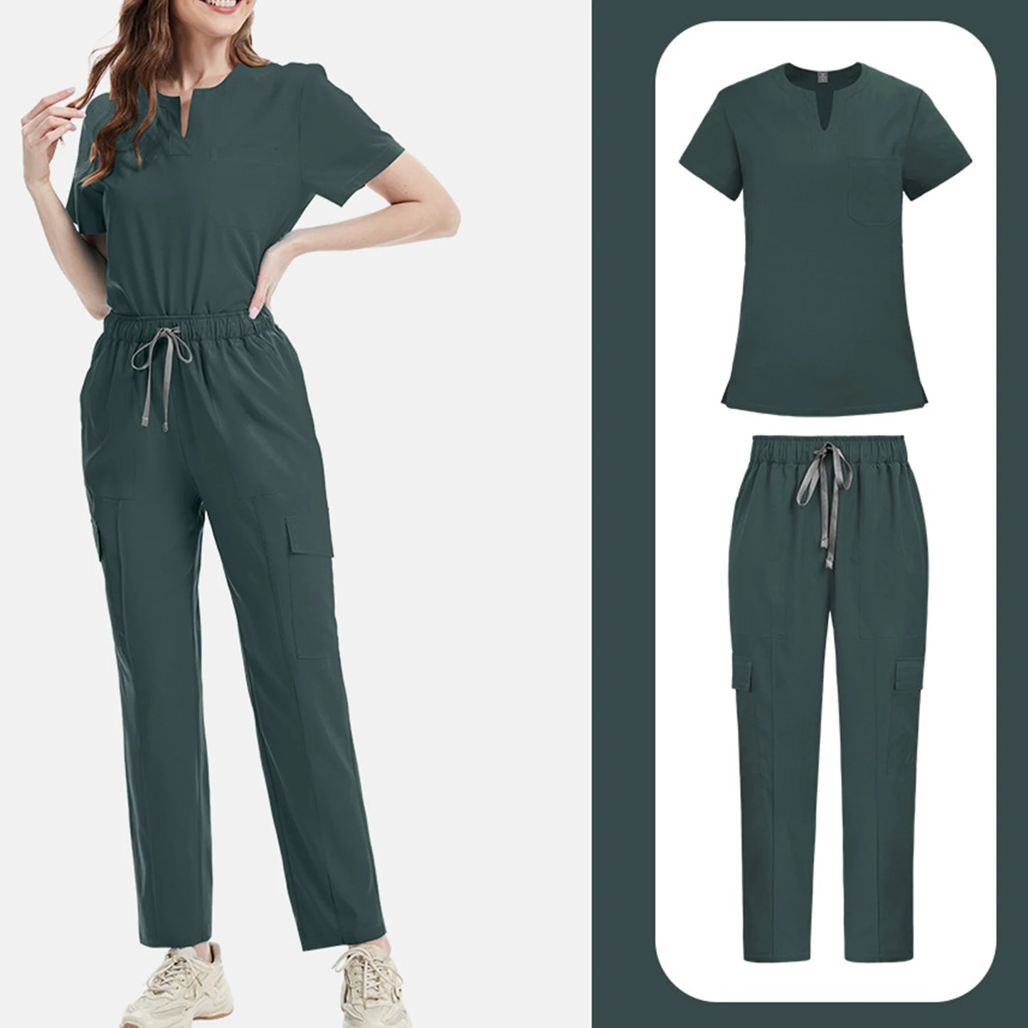 V-Notch Short Sleeve Multi-Pocket Cargo Pants Medical Uniform Healthcare  Professional Outfit