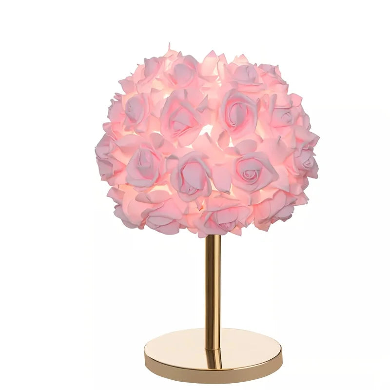 High End LED Table Lamp With Rose Flower Shade And Polished Metal Base