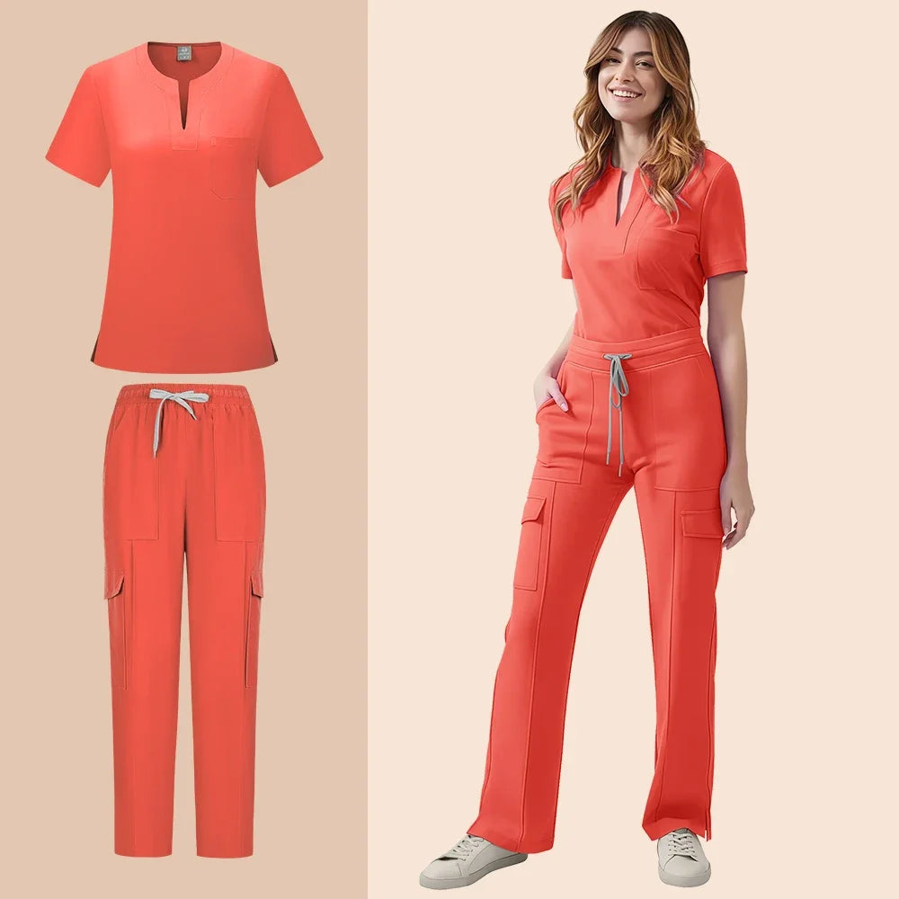 Medical Scrubs Uniform Women Nurse Scrub Set Pocket Top+Pants 2 Piece Suit