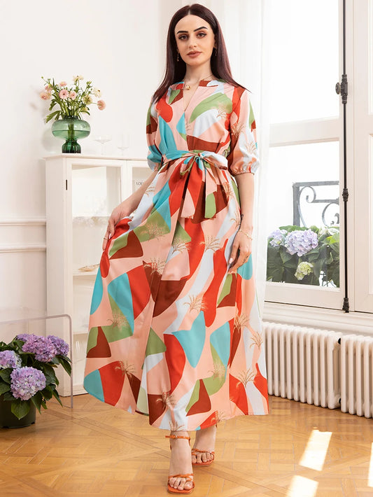 Simplicity V-neck Geometry Plant Split fork Belt Lantern sleeve Long Dresses