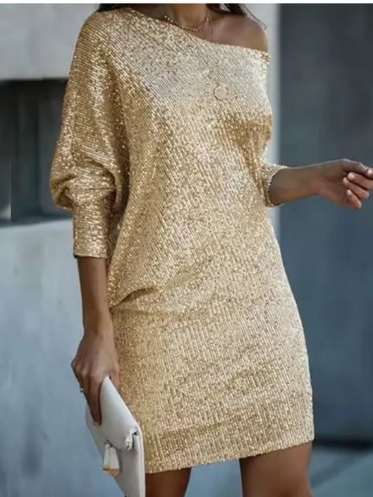 Ladies Sequin V Neck Dress With Slim Fit Elastic Zipper