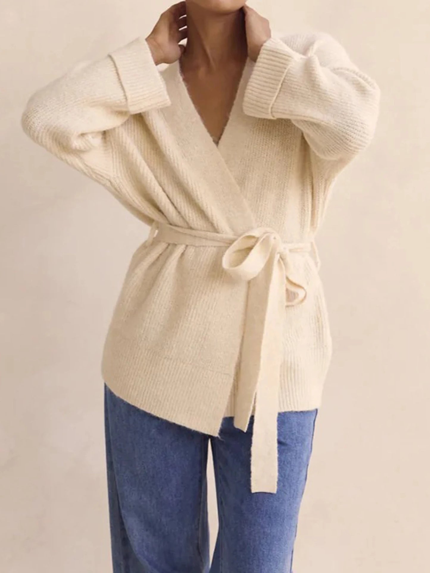 Women Open Front Belted Cardigan Long Sleeve V Neck Sweater