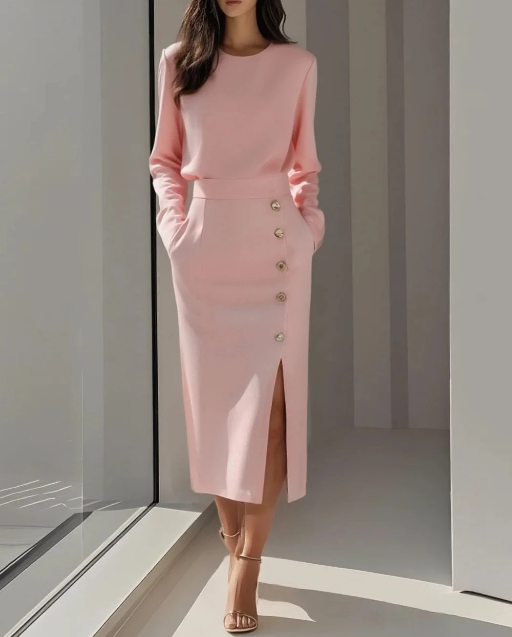 Solid Color Long Sleeves Pocket Button Decorated Slit Midi Dress