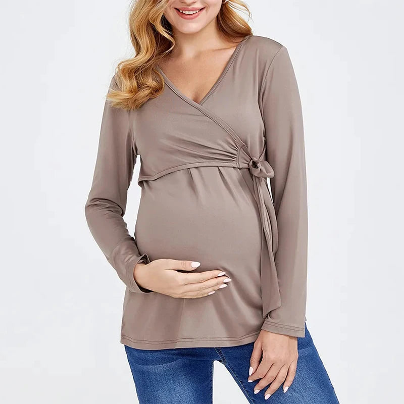 Maternity Blouses Long Sleeve V-neck Breastfeeding Shirt Tops Pregnancy Clothing