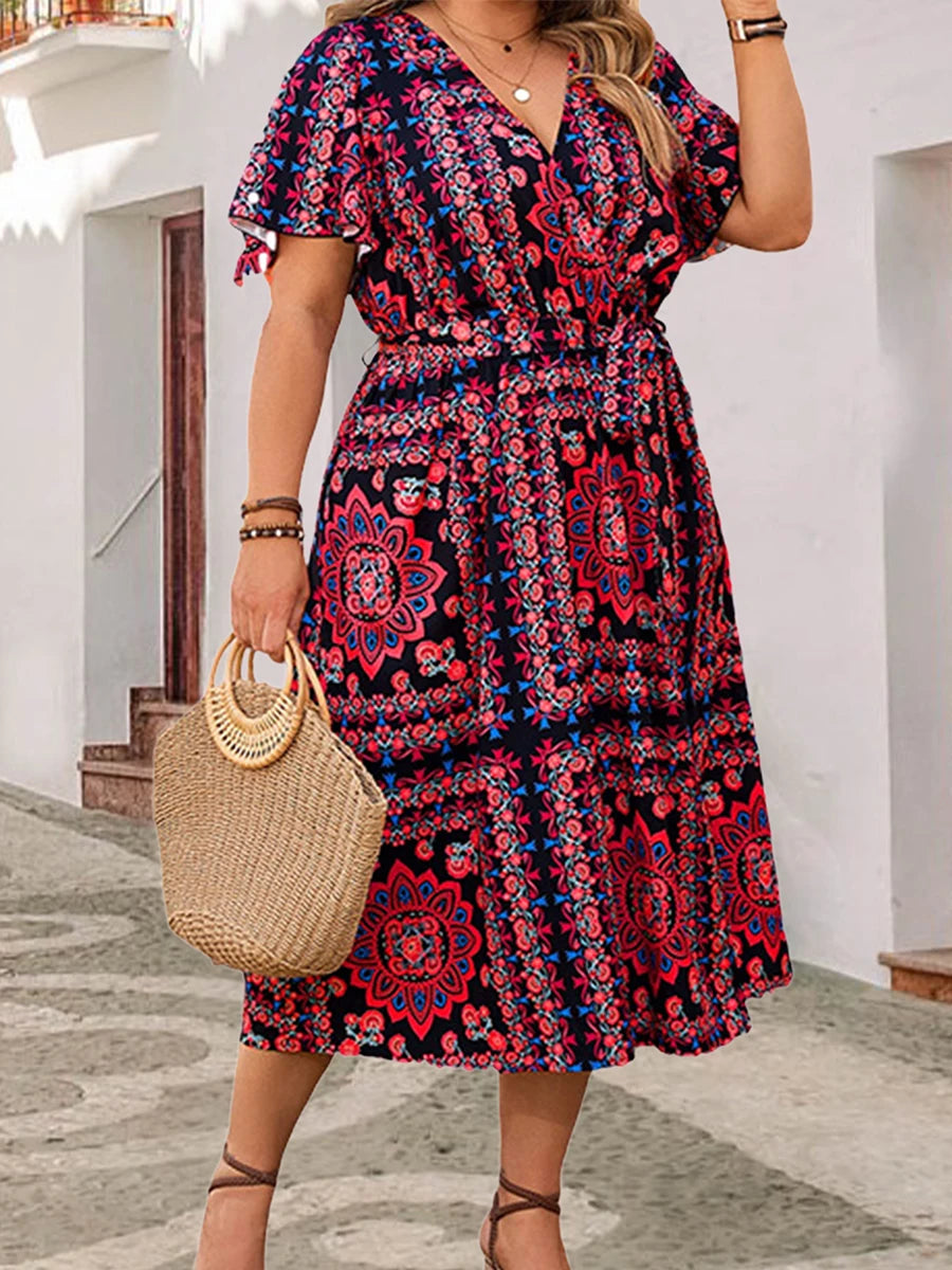 Women s Floral Print V Neck Short Sleeve Midi Dress with Slit