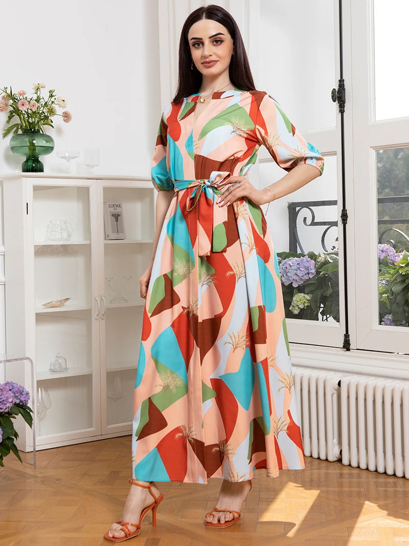 Simplicity V-neck Geometry Plant Split fork Belt Lantern sleeve Long Dresses